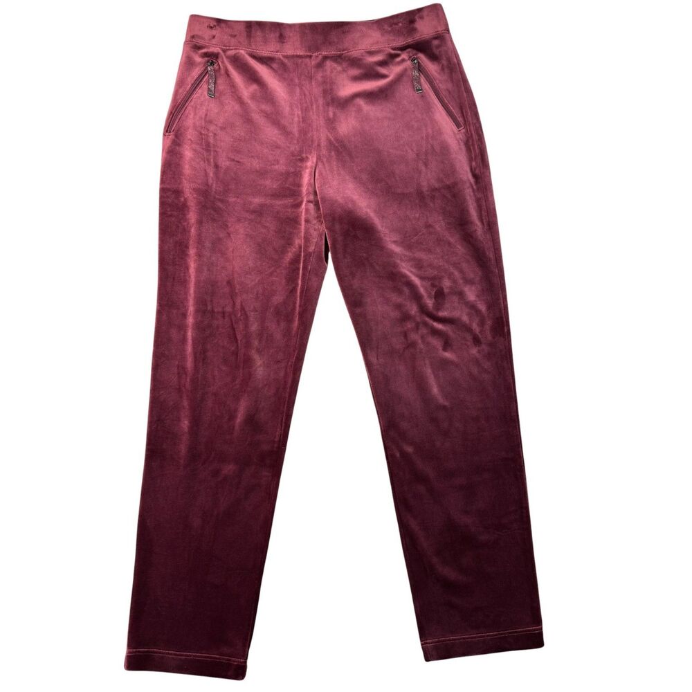 Chico’s Pants Women's 1 Medium Red Velvet Velour Stretch Casual Zip Pockets Soft